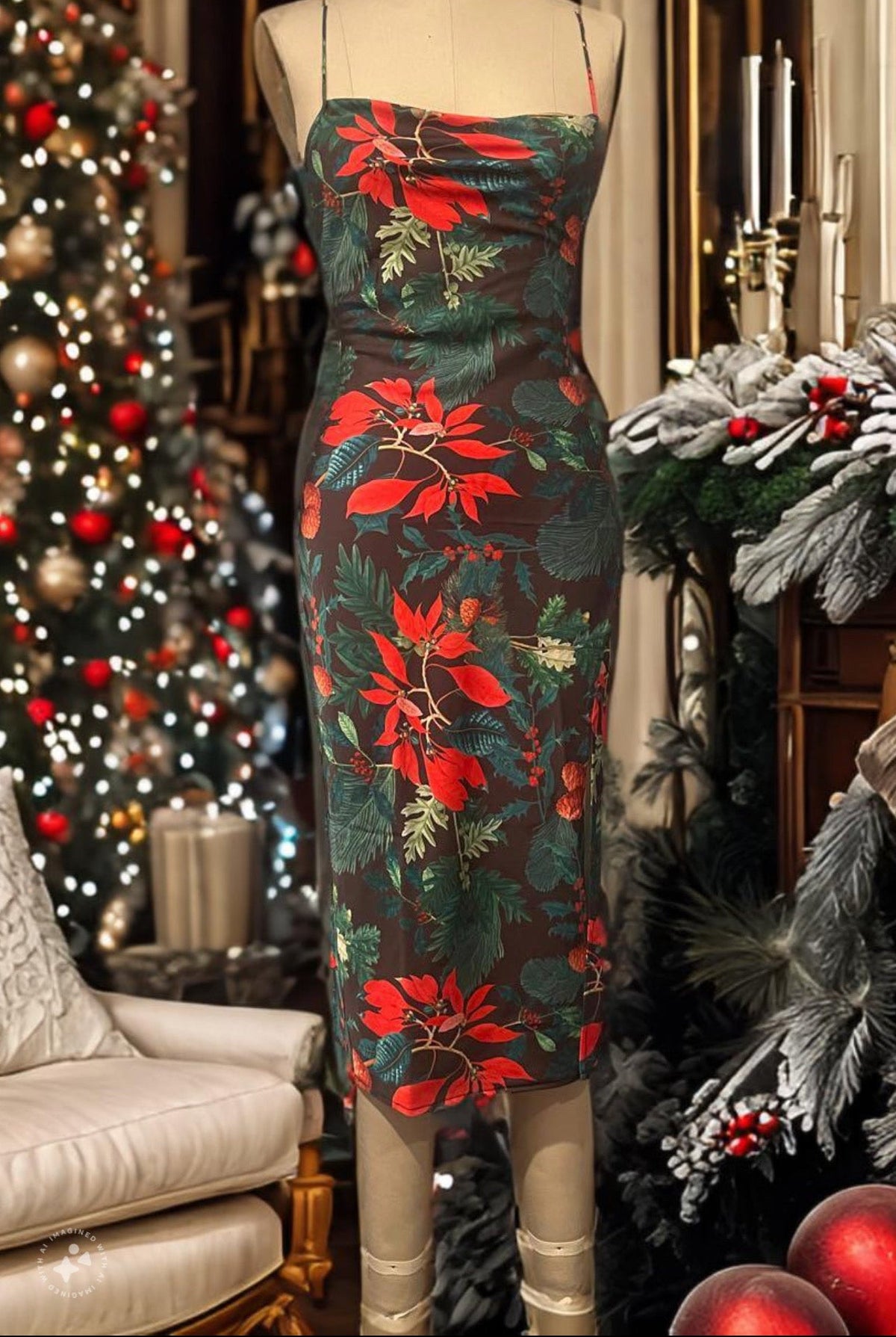 Kilo Brava Satin Cowl Neck Slip Dress in holly-jolly gown