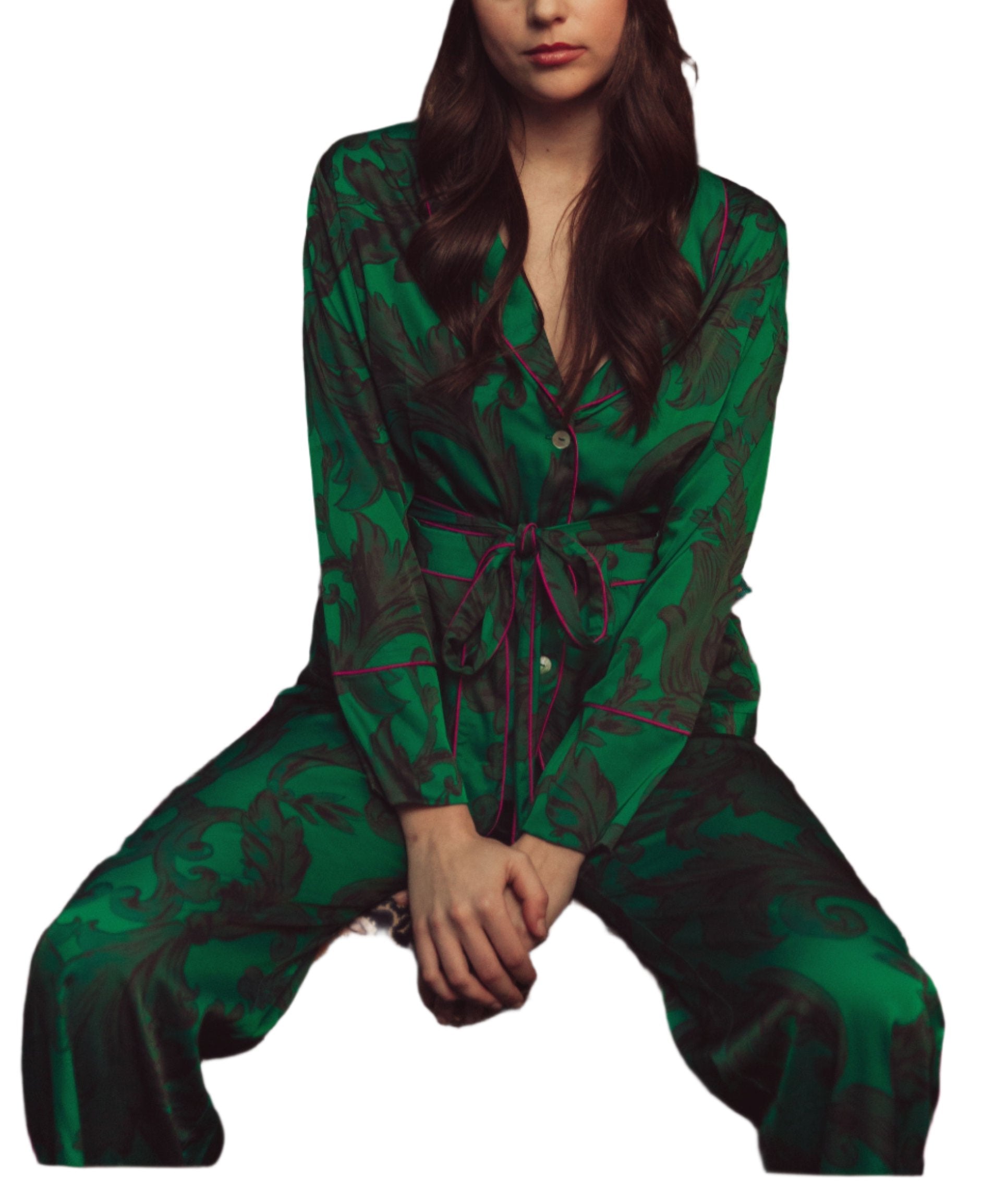 Kilo Brava Satin PJ Set in Emerald Damask pajama set
