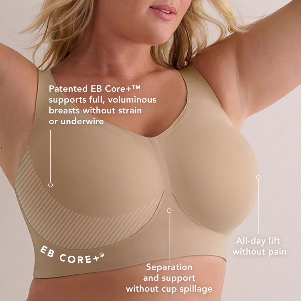 Beige bra with text highlighting features on a light background