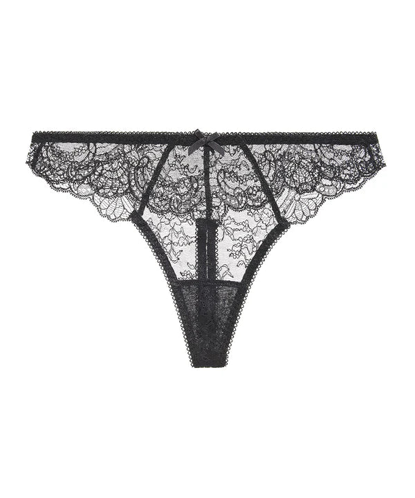 Black lace thong on a white background