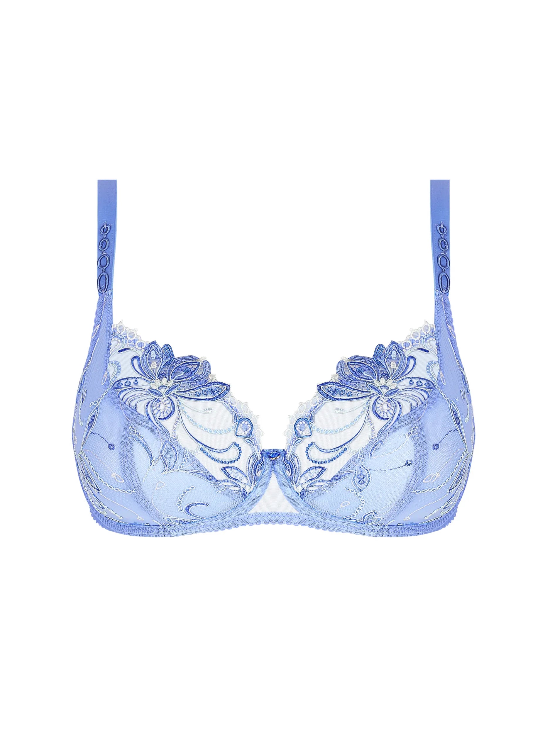 Blue bra with floral designs on a white background