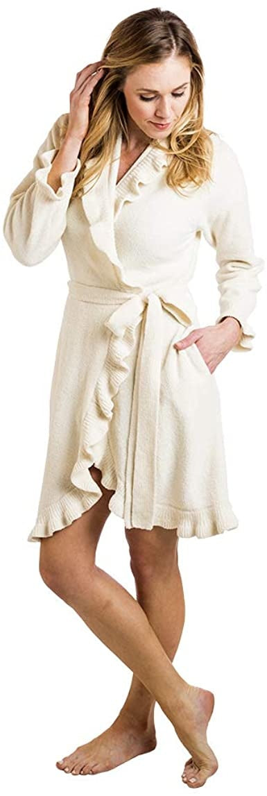 Short Ruffled Chenille Robe in Ivory