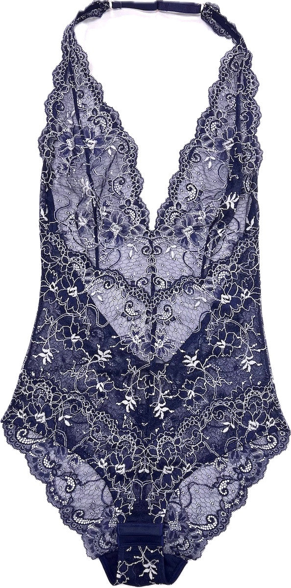 Navy blue lace lingerie set on a white background