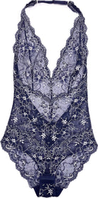 Navy blue lace lingerie set on a white background