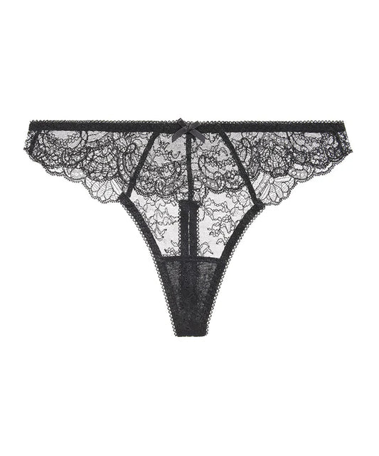 Black lace thong on a white background