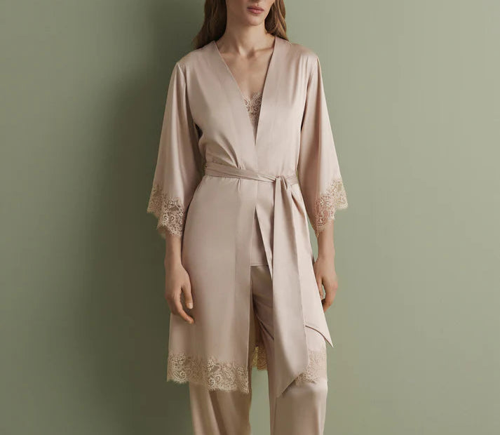 Underpinnings Lingerie Midnight Serenity Satin Robe in Rose Gold short robe