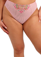 Pink underwear with floral embroidery on a white background