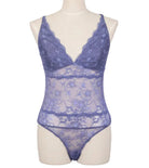 Blue lace bodysuit on a mannequin against a gray background