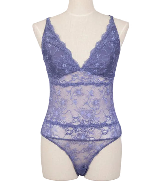 Blue lace bodysuit on a mannequin against a gray background