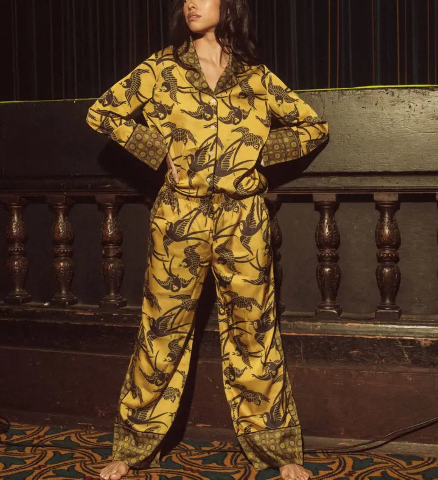 Kilo Brava Satin Long PJ Set in gold pajama set