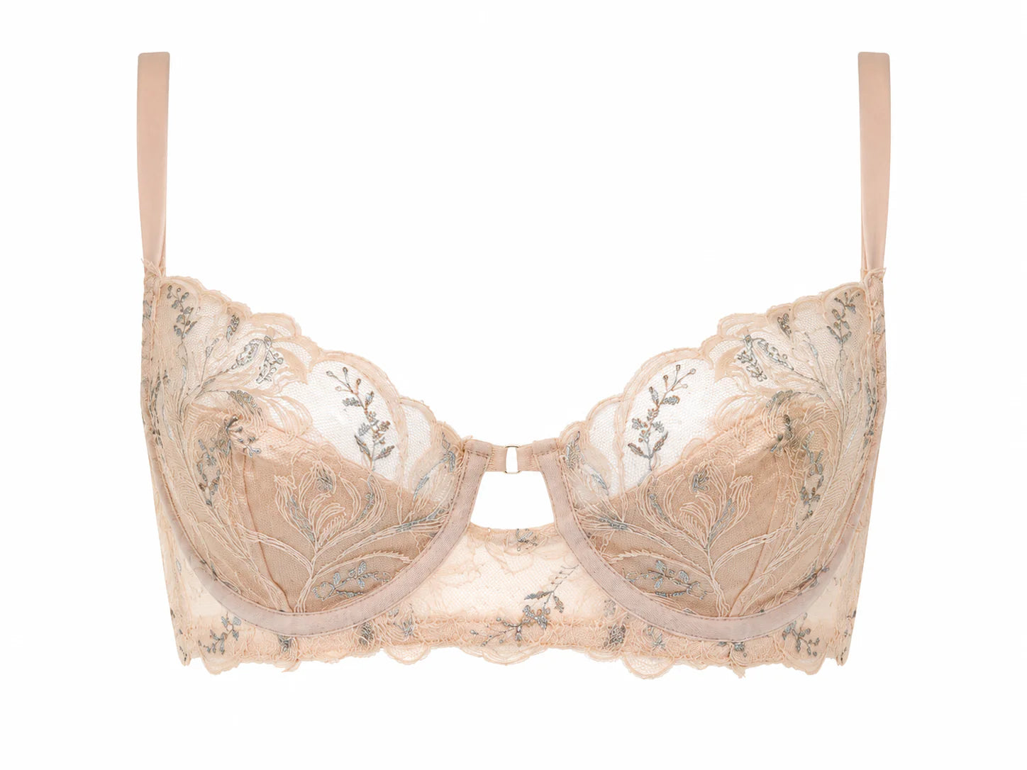 Beige bra with floral lace details on a white background