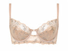 Beige bra with floral lace details on a white background