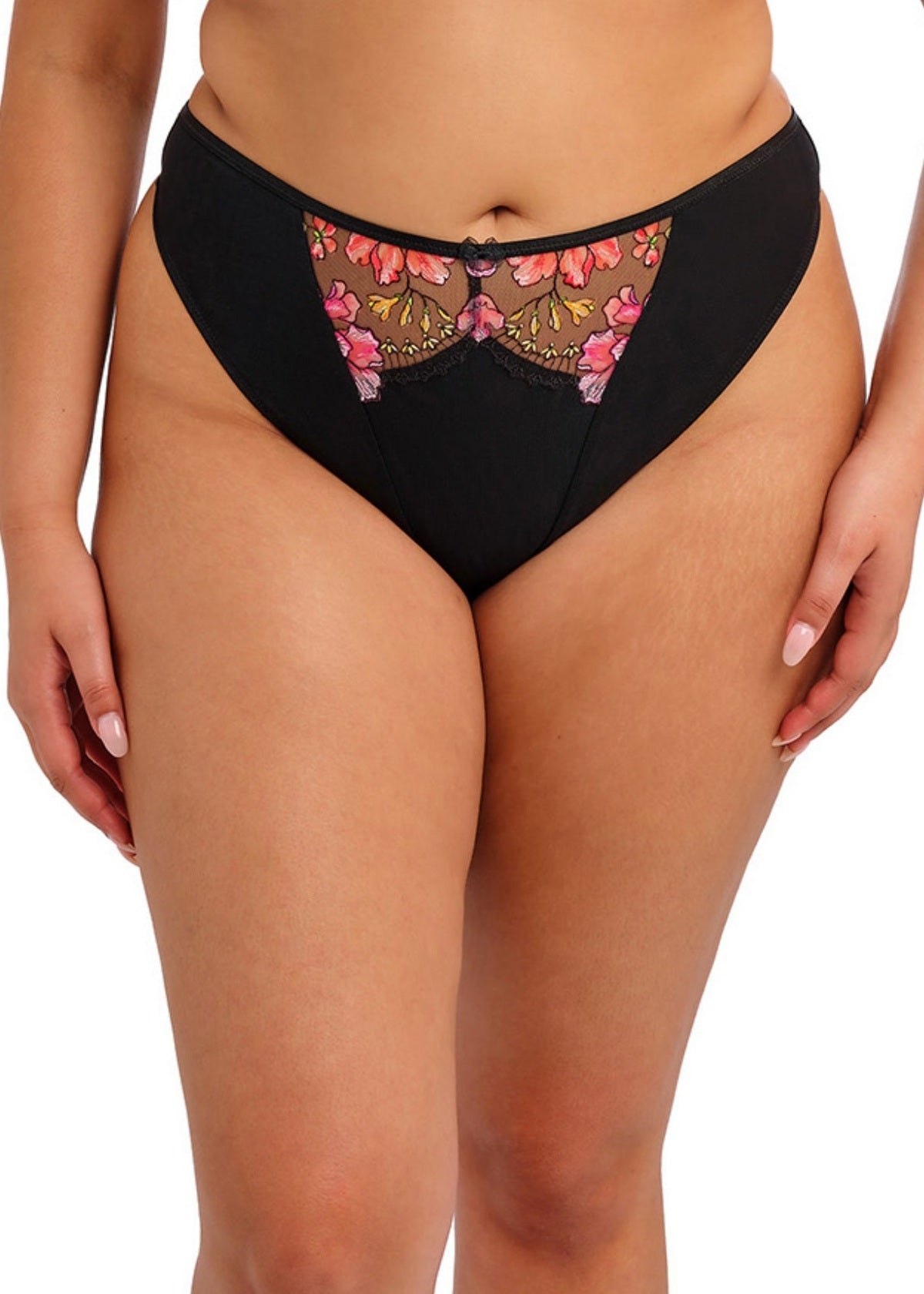 Black underwear with floral lace detail on a white background