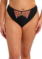 Black underwear with floral lace detail on a white background