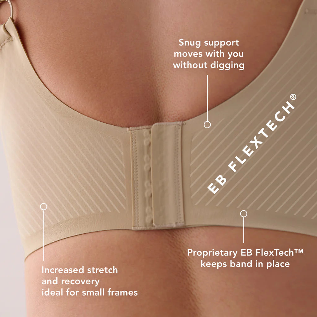 Beige shapewear with text highlighting features on a plain background