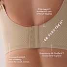 Beige shapewear with text highlighting features on a plain background