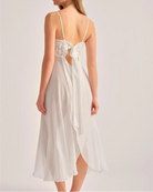 A woman modeling a white backless slip dress with lace trim at the back and thin spaghetti straps, shown from behind against a plain light gray studio background.