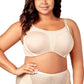 Woman wearing a beige bra and high-waisted underwear set on a white background