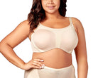 Woman wearing a beige bra and high-waisted underwear set on a white background