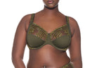 A woman modeling an olive green two-piece lingerie set with gold floral embroidery and sheer mesh panels, photographed against a solid white background.