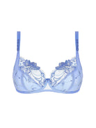 Blue bra with floral designs on a white background