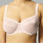 This image features the "Reve Full Cup" bra, presented in a delicate and sophisticated design. The bra is crafted with a soft, blush pink hue and adorned with intricate lace detailing along the cups, enhancing its elegant appearance.