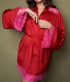 Kilo Brava Short Satin Robe with Lace in Lipstick Red & Hot Pink short robe